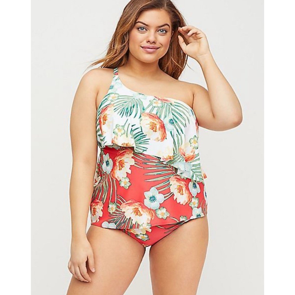 Cacique Floral One-Shoulder Bikini - Red and Green